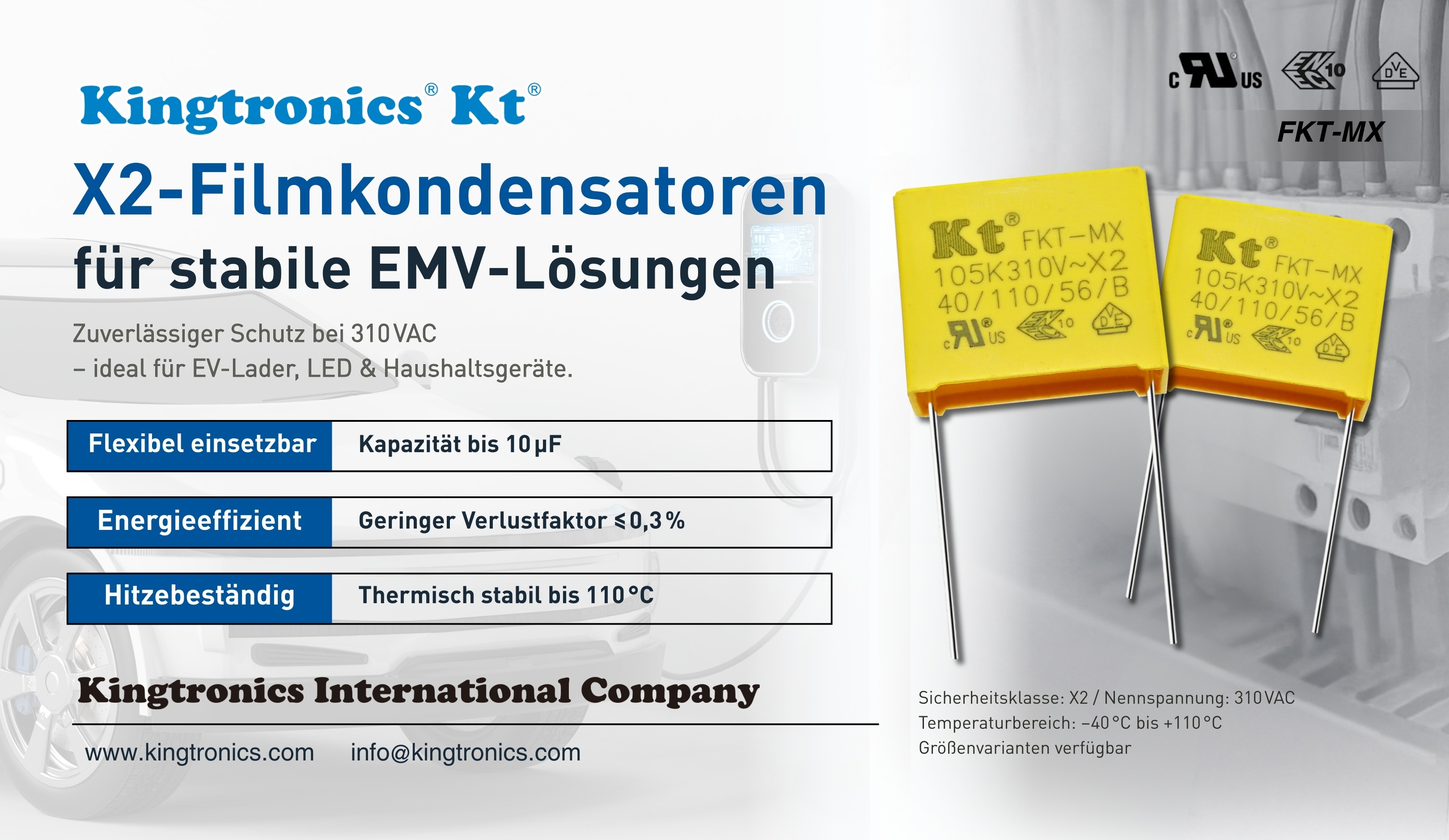 Metallisierter X2-Filmkondensator 310V für AC EMV-Filter – Kingtronics Produktfoto